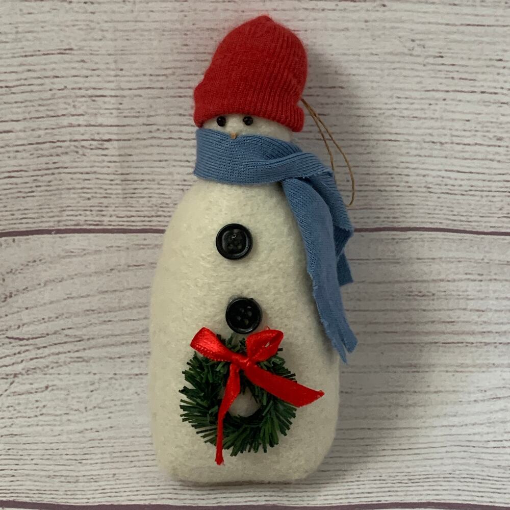 Felt Snowman Christmas Ornament Faux Wreath Red Knit Stocking Hat 6"H